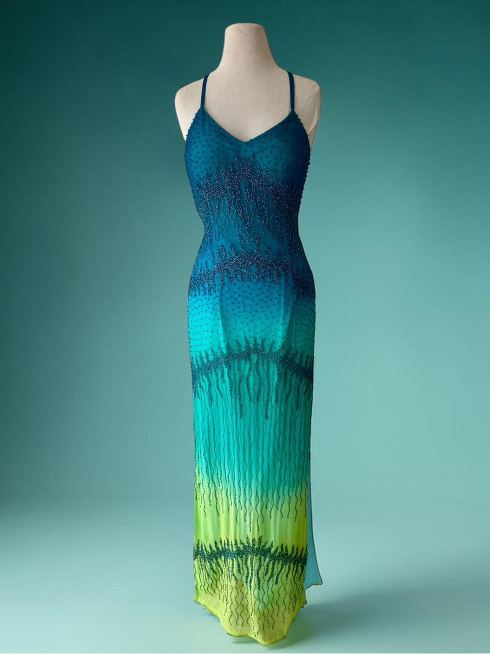 Vtg 90s Andretta Donatello Green Ombré Beaded Mermaid Silk Maxi Gown M Blue Y2k